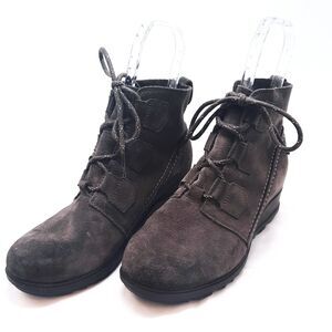 Sorel Evie Wedge Hidden Heel Lace-up Suede Gray Ankle Boots Women's Size 9